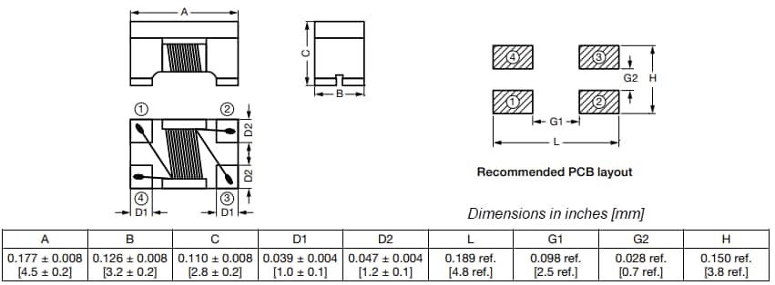 機械図面 - Vishay / Dale ICM1812表面実装コモンモードチョーク